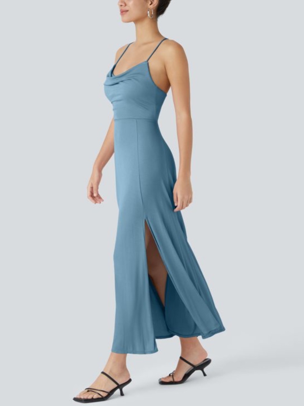 NWTs HALARA Cowl Neck Lace Up Midi Dress in Rainy Sky Blue Size Small - Picture 3 of 8